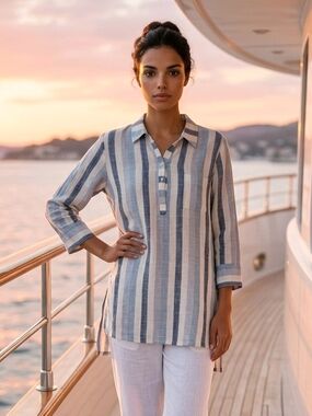 Habitat Women's Linen Blend Blue/White Striped Tunic Length Top. 1/4 Button EUC